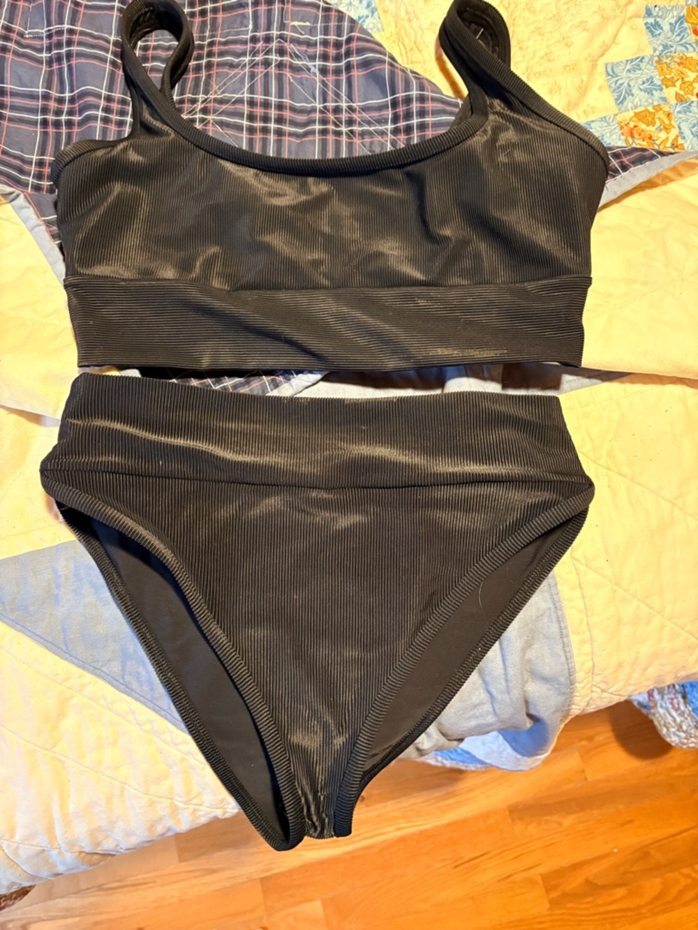 LainSnow Black Ribbed High-Waist Bikini Set